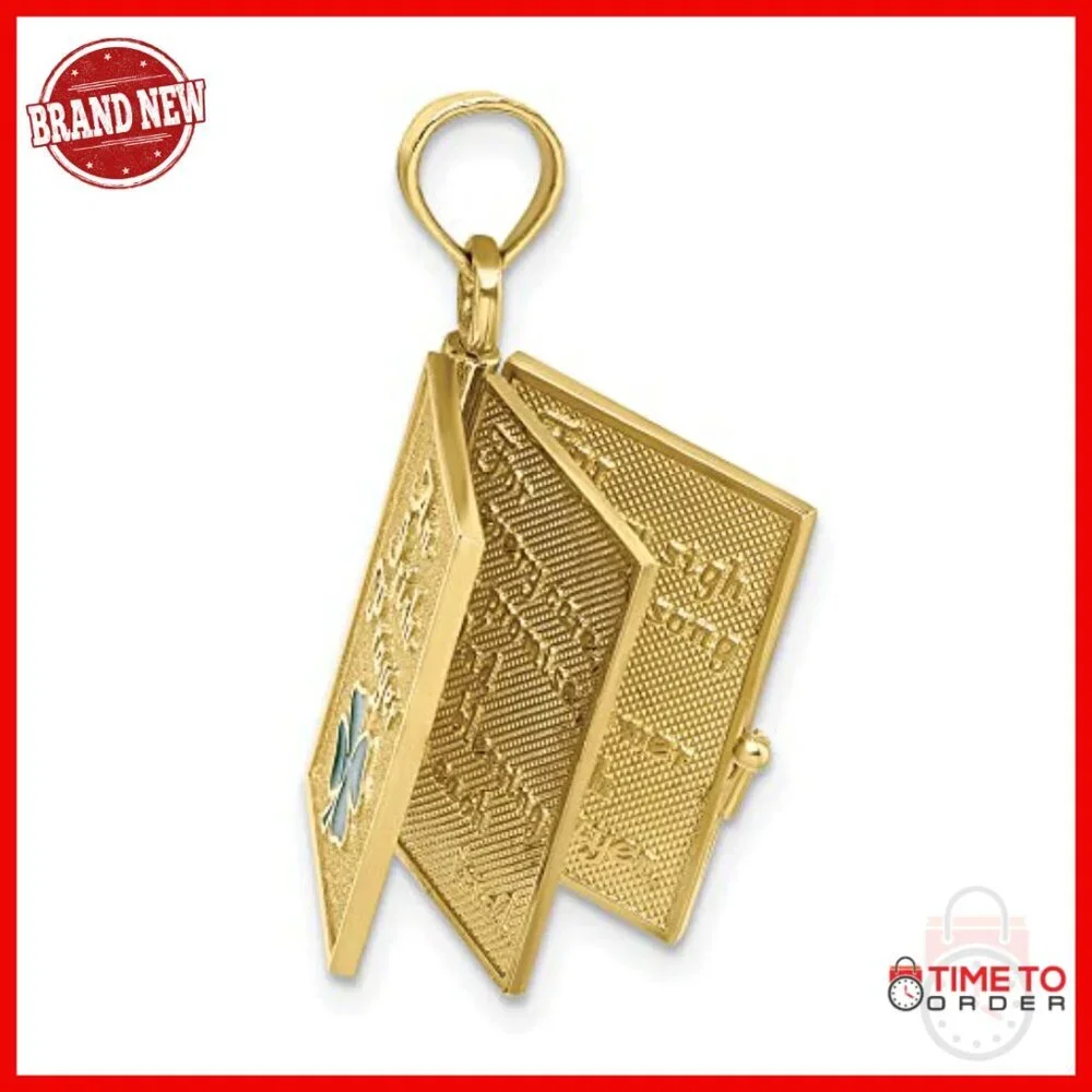 10k Yellow Gold Book Locket Pendant with Shamrock Charm, Religious Keepsake
